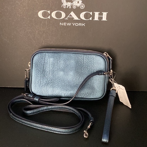 Coach Crossbody Metallic Blue Studded Rivets Star NASA Wristlet Bag Purse Wallet - Picture 6 of 15